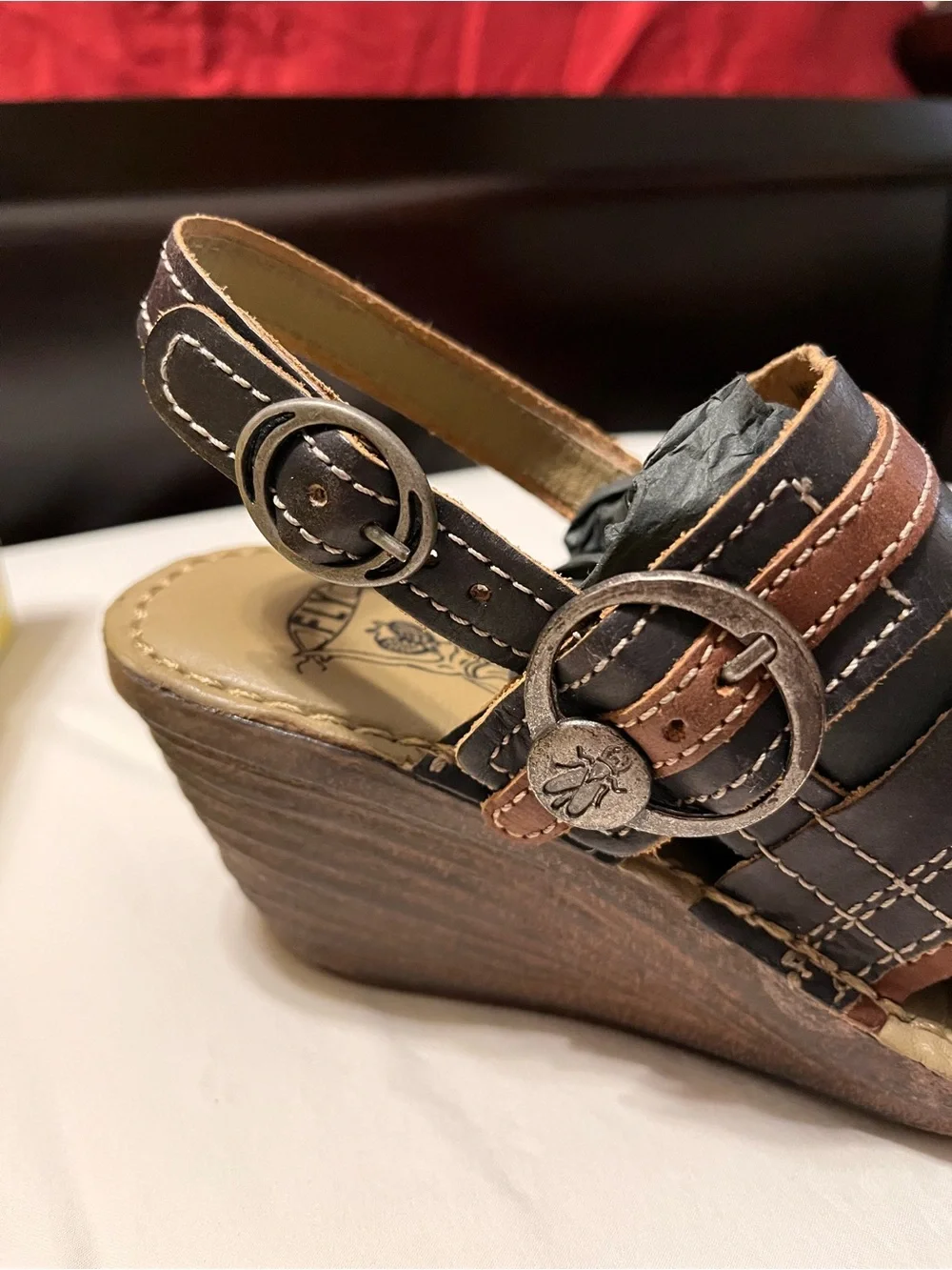 Fly London Women's Black and Brown Wedge Sandals - Strappy Comfort Size EU 37
